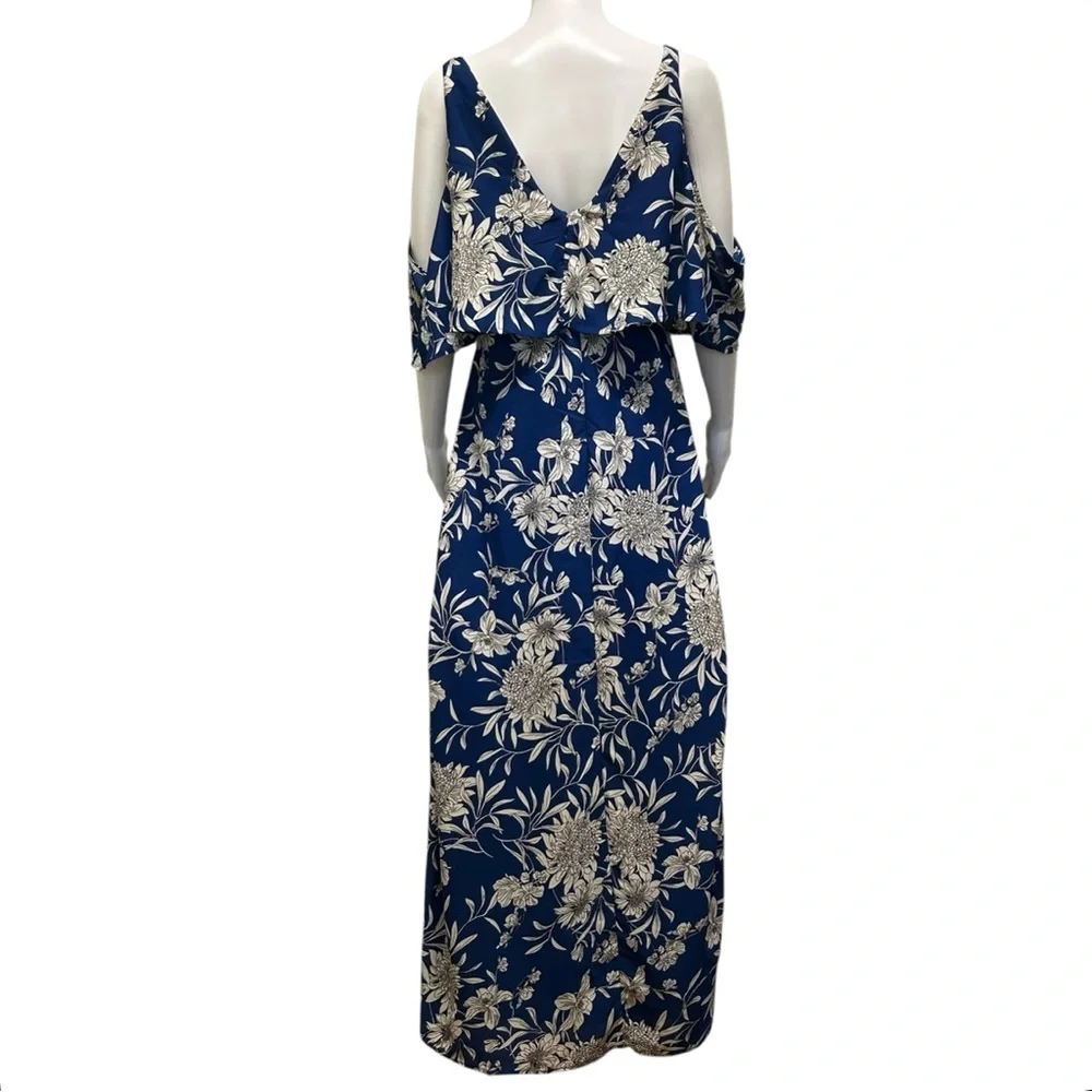 DEX Cold Shoulder Maxi Dress Blue Dahlia Floral Tiered Ruffle V-Neck Size M - Picture 7 of 11